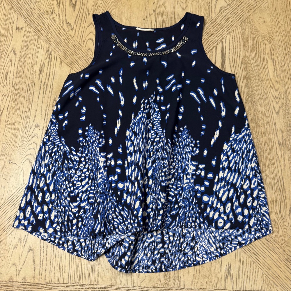 LE LIS Women size Medium Navy Blue Beaded Neck Sleeveless Top‎ Blouse